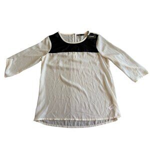 Express Women's Sheer White & Black Faux Leather Detail 3/4 Sleeve Blouse Top Si